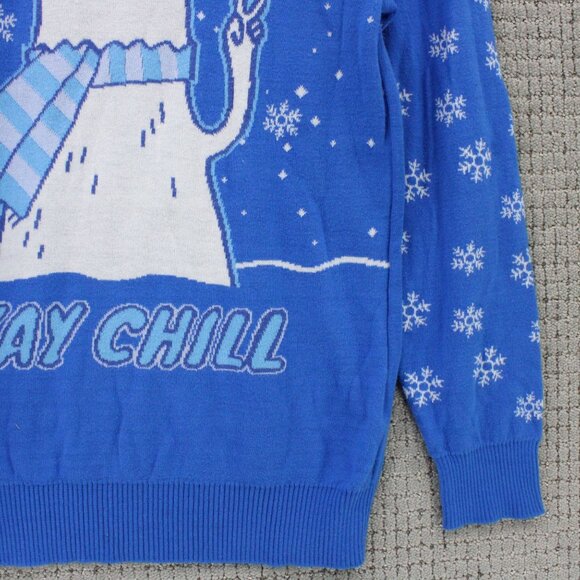 Mad Engine Christmas Sweater Womens Large L Blue Knit Stay Chill Cat Graphic Y2k - Picture 3 of 9